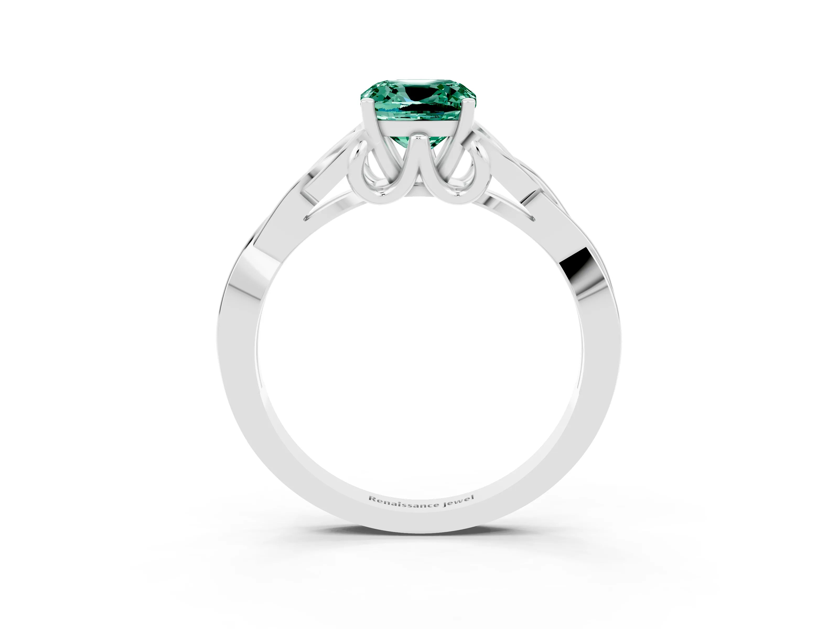 White gold Cushion Cut Green Sapphire Solitaire Engagement Ring with Celtic Knot Band and Four-Prong Setting_3