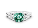 White gold Cushion Cut Green Sapphire Solitaire Engagement Ring with Celtic Knot Band and Four-Prong Setting
