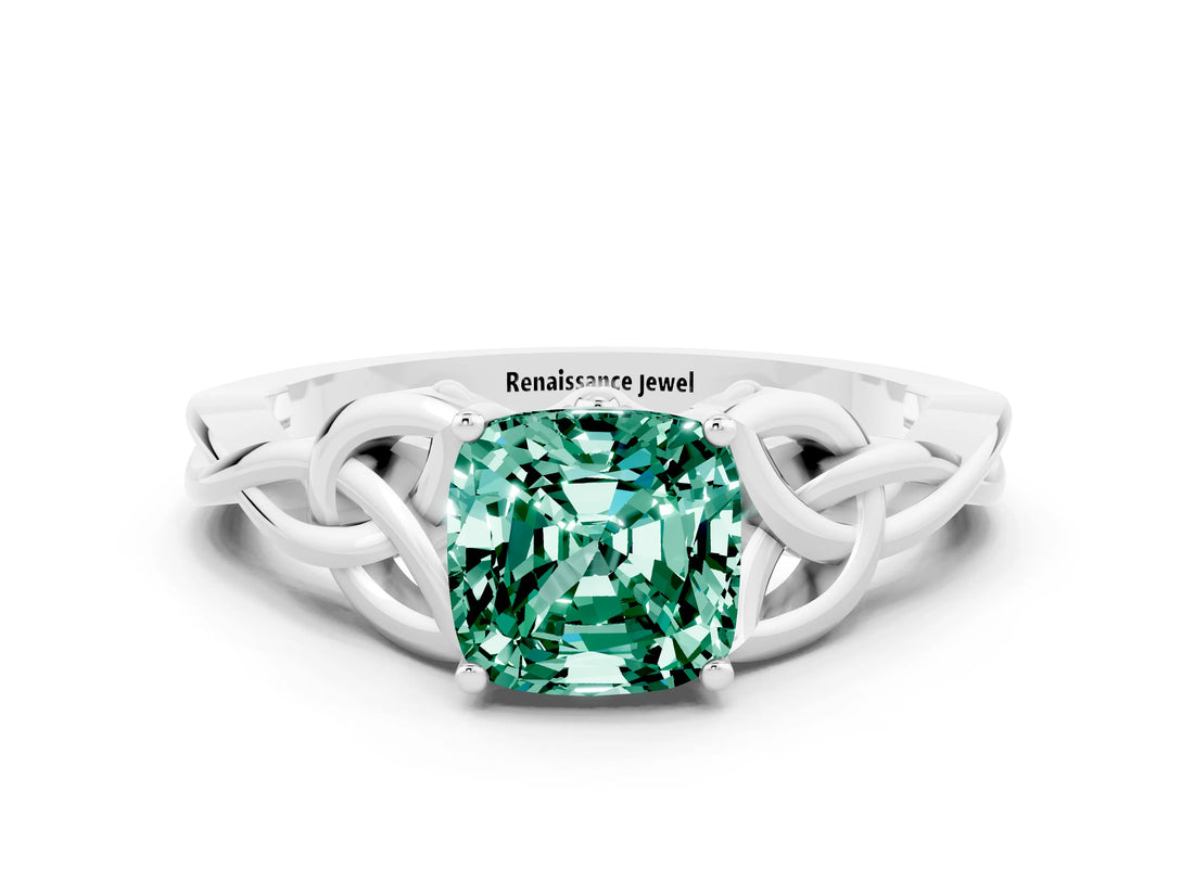 White gold Cushion Cut Green Sapphire Solitaire Engagement Ring with Celtic Knot Band and Four-Prong Setting