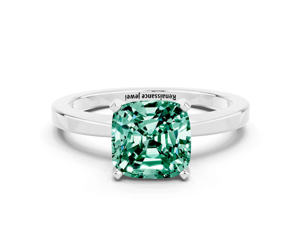 White gold Cushion Cut Green Sapphire Solitaire Engagement Ring with Classic Band and Four-Prong Setting