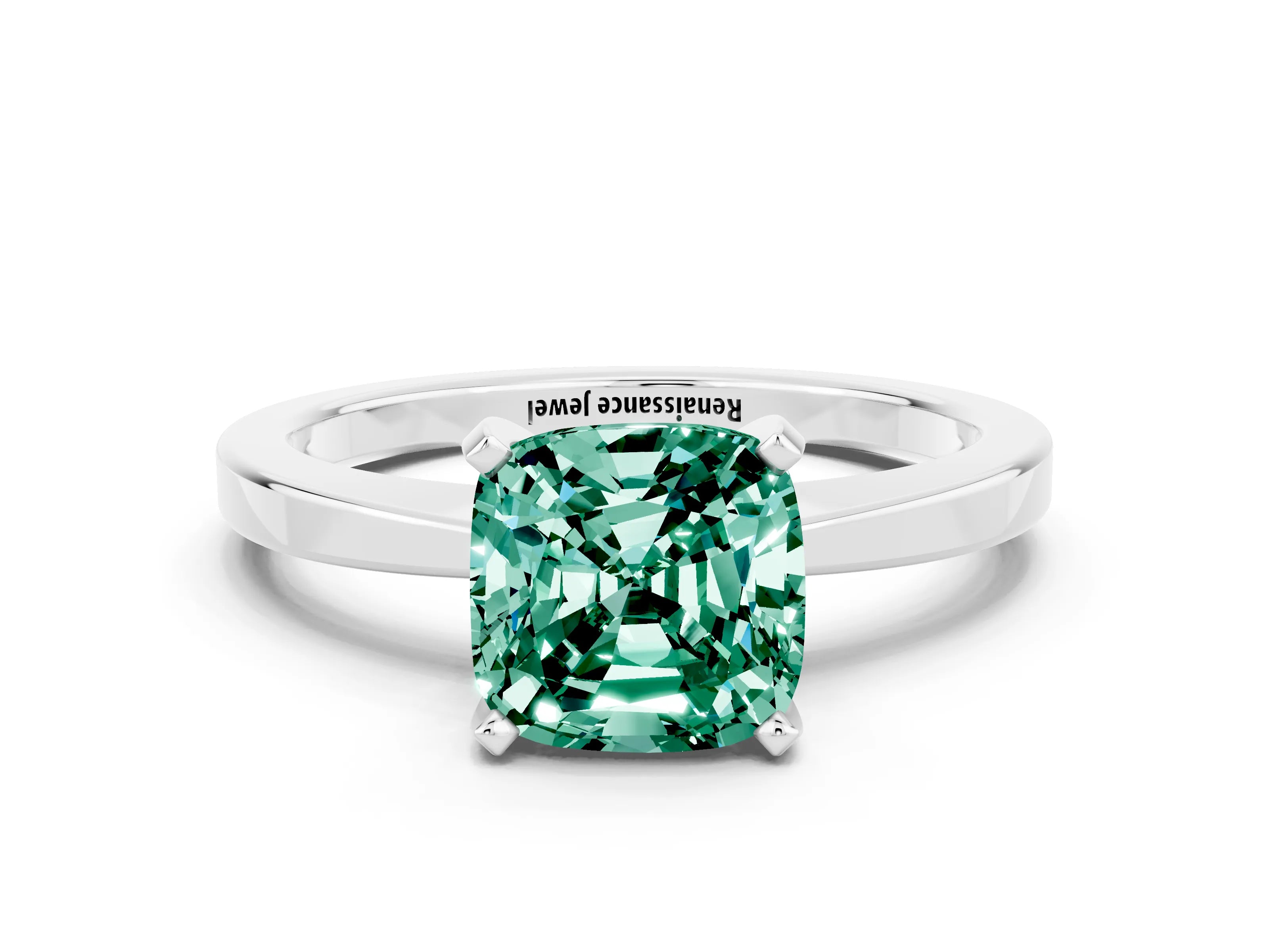 White gold Cushion Cut Green Sapphire Solitaire Engagement Ring with Classic Band and Four-Prong Setting_12