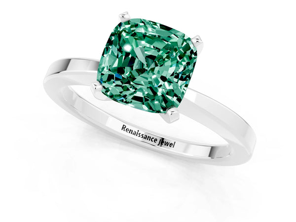 White gold Cushion Cut Green Sapphire Solitaire Engagement Ring with Classic Band and Four-Prong Setting