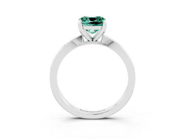 Silver Cushion Cut Green Sapphire Solitaire Engagement Ring with Classic Band and Four-Prong Setting
