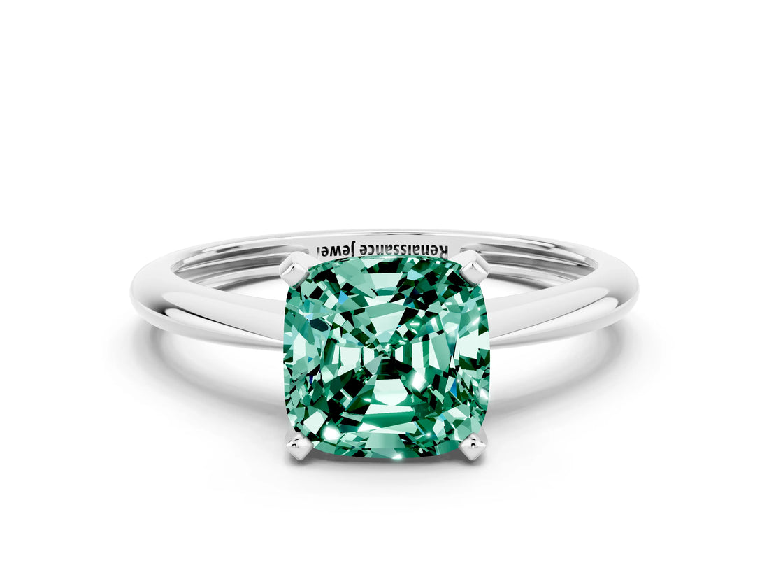 White gold Cushion Cut Green Sapphire Solitaire Engagement Ring with Classic Band and Four-Prong Setting_36