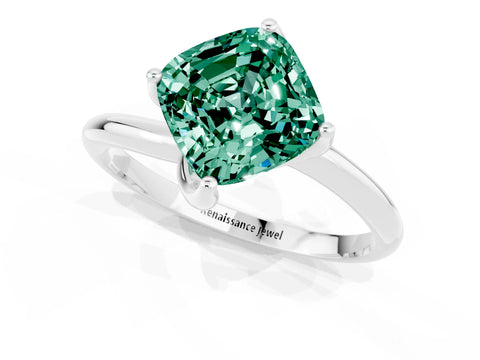 White gold Cushion Cut Green Sapphire Solitaire Engagement Ring with Four-Prong Setting and Classic Band_13