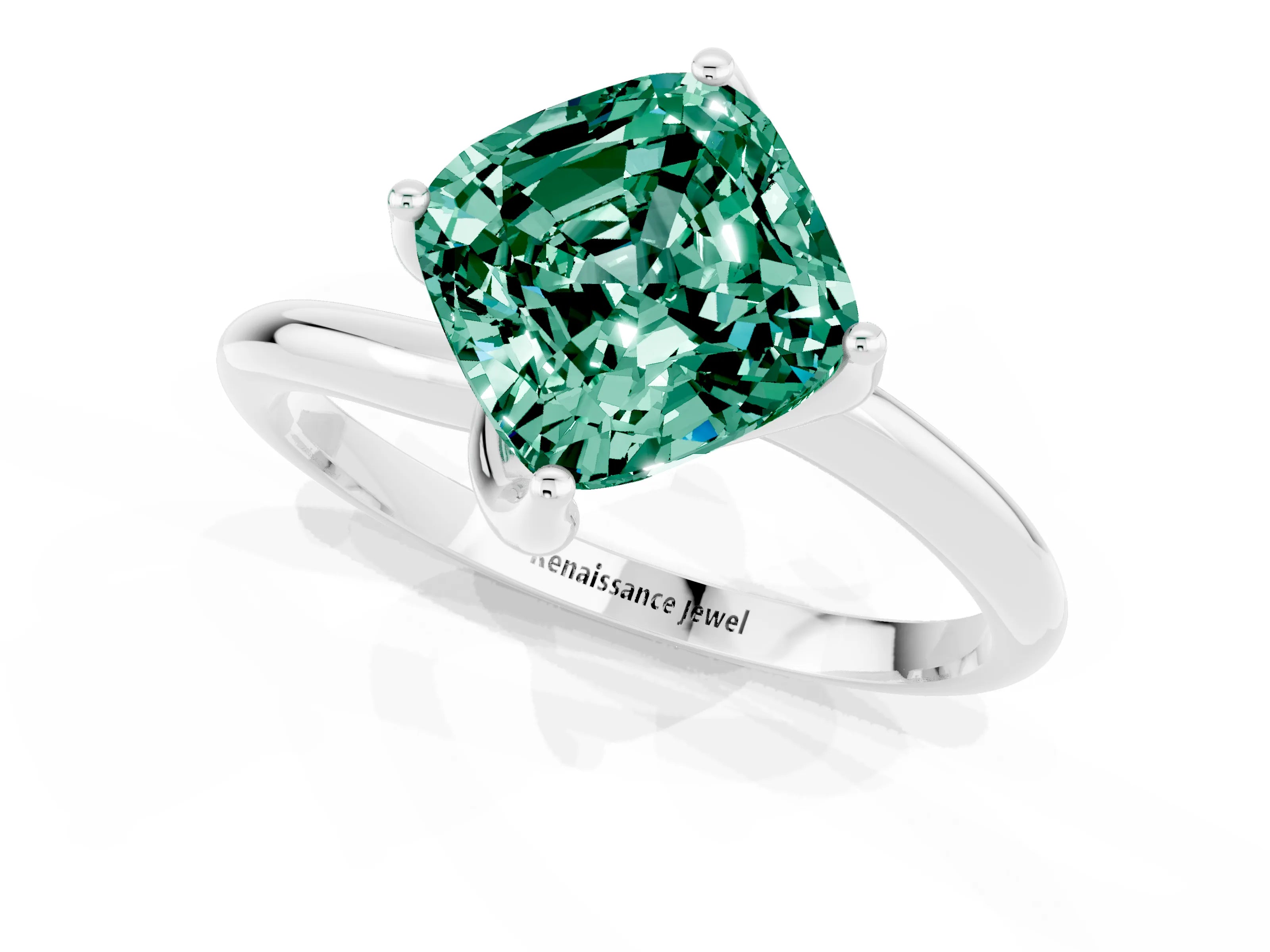 White gold Cushion Cut Green Sapphire Solitaire Engagement Ring with Four-Prong Setting and Classic Band_13
