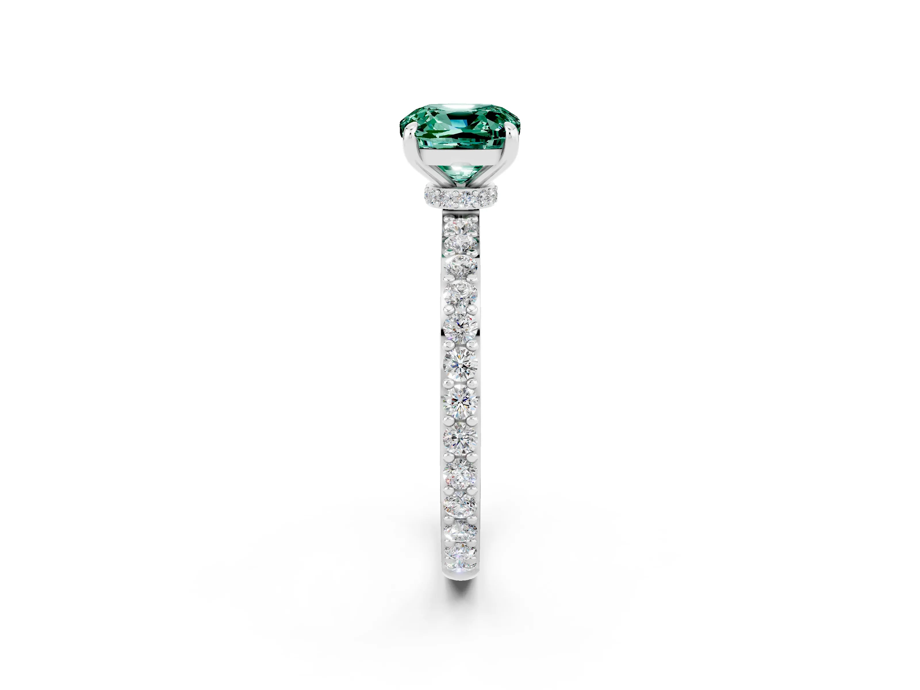 White gold Cushion Cut Green Sapphire Solitaire Engagement Ring with Pavé Band and Four-Prong Setting_2