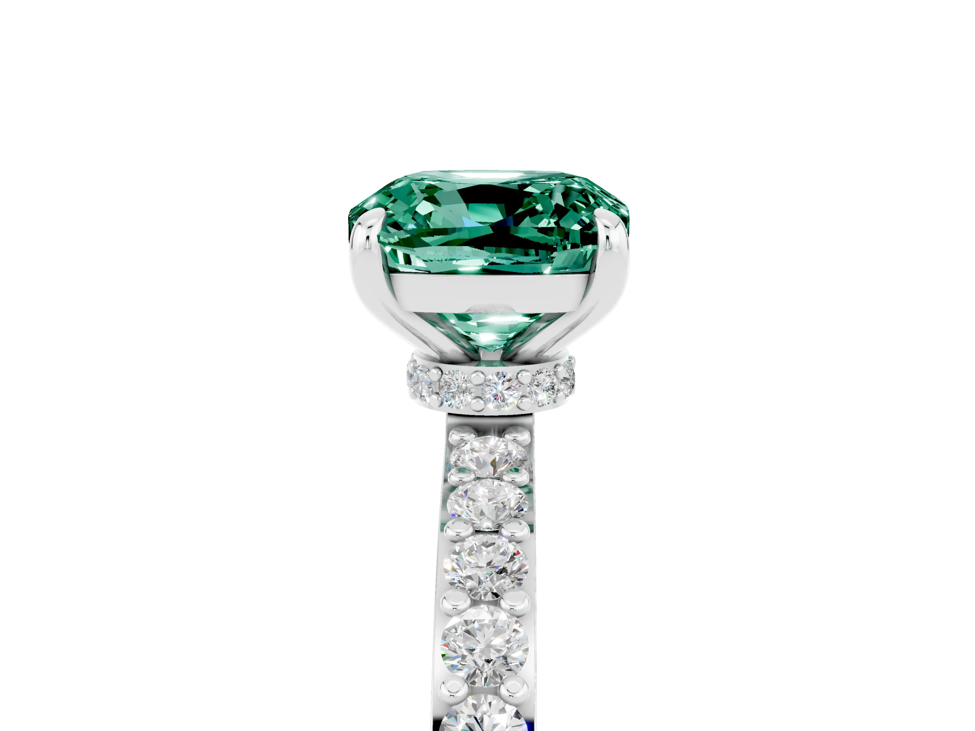 White gold Cushion Cut Green Sapphire Solitaire Engagement Ring with Pavé Band and Four-Prong Setting_5