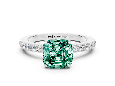 White gold Cushion Cut Green Sapphire Solitaire Engagement Ring with Pavé Band and Four-Prong Setting