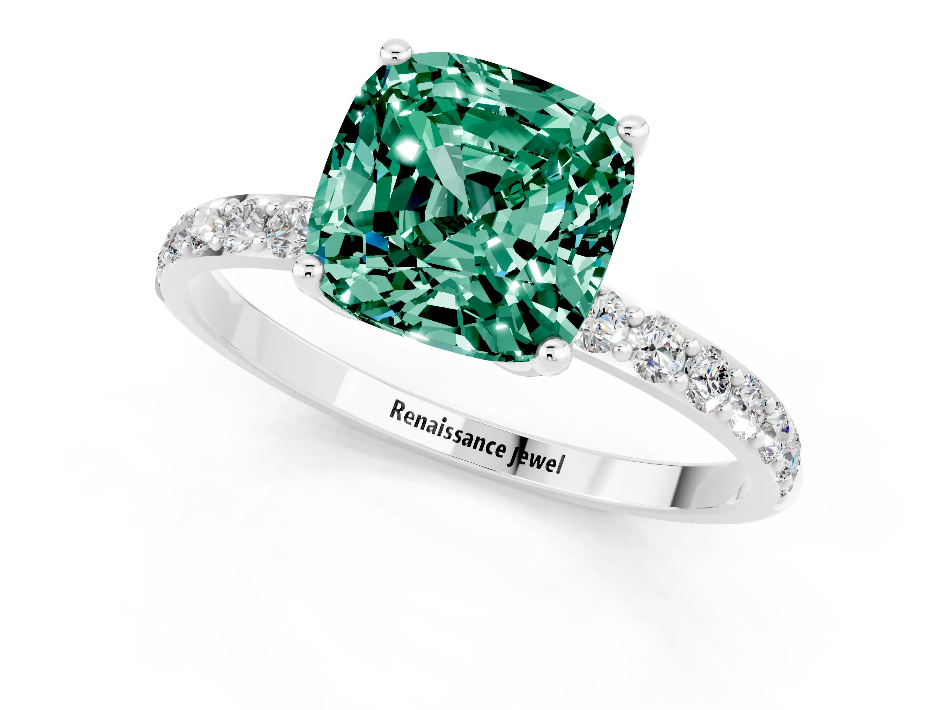 White gold Cushion Cut Green Sapphire Solitaire Engagement Ring with Pavé Band and Prong Setting_1