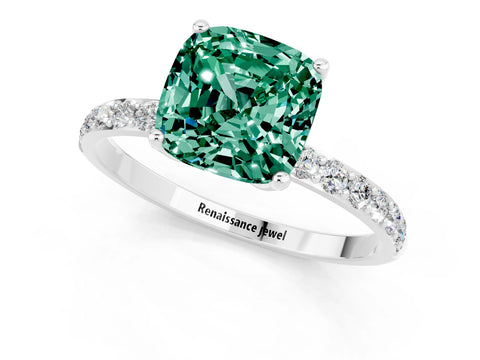 White gold Cushion Cut Green Sapphire Solitaire Engagement Ring with Pavé Band and Prong Setting_1
