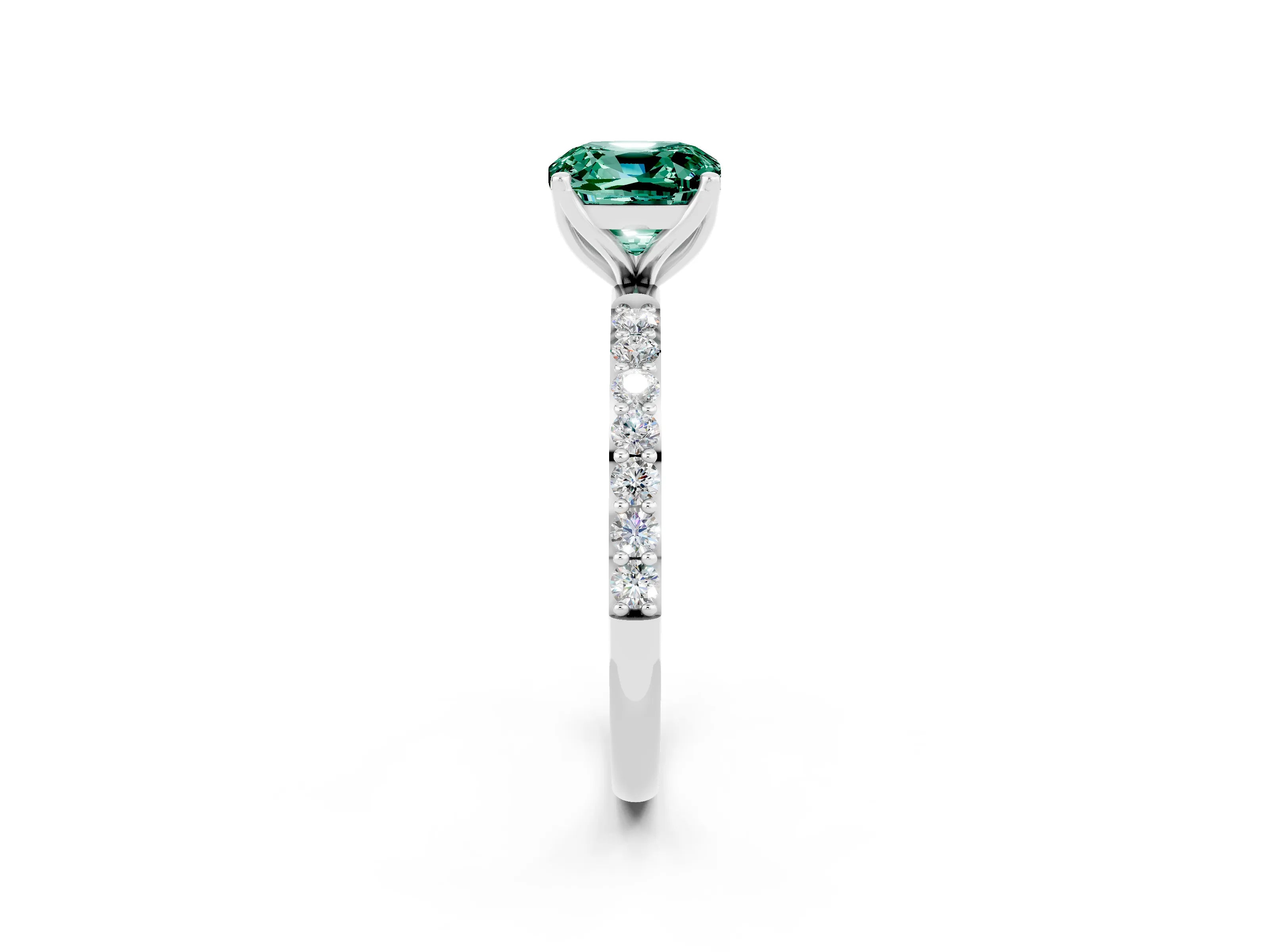 White gold Cushion Cut Green Sapphire Solitaire Engagement Ring with Pavé Band and Prong Setting_2