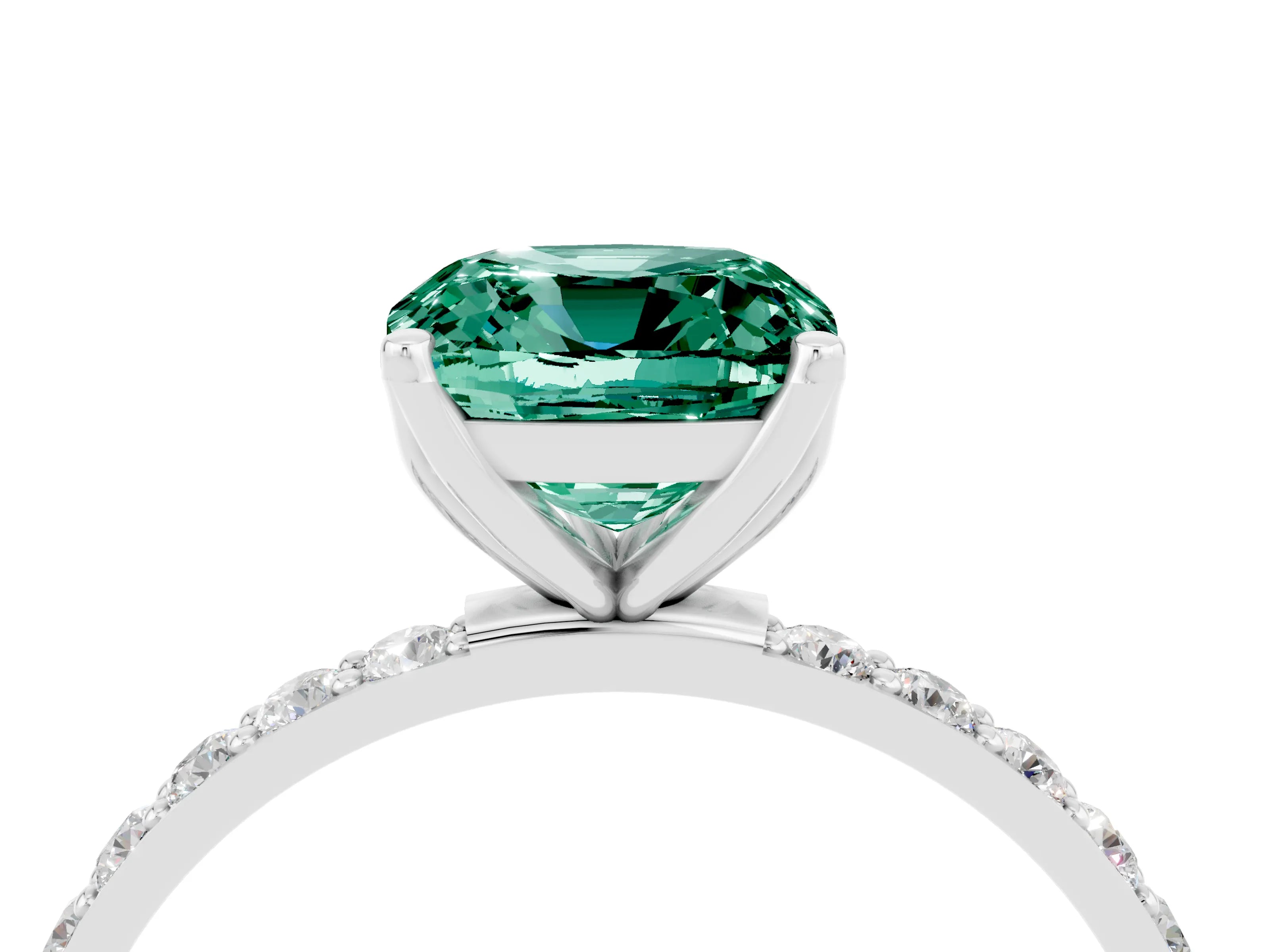 White gold Cushion Cut Green Sapphire Solitaire Engagement Ring with Pavé Band and Prong Setting_4