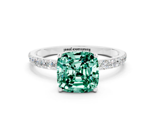 White gold Cushion Cut Green Sapphire Solitaire Engagement Ring with Round  Pavé Band and Prong Setting