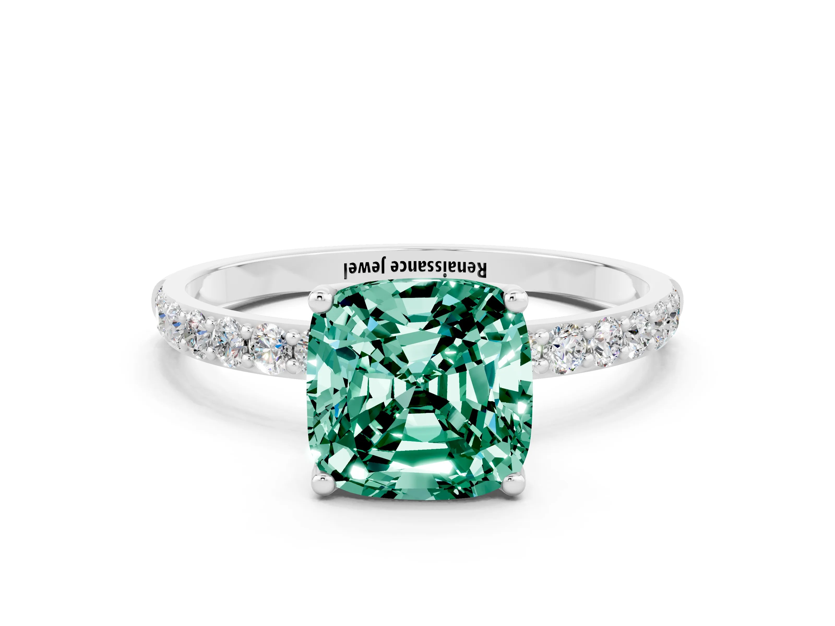 White gold Cushion Cut Green Sapphire Solitaire Engagement Ring with Pavé Band and Prong Setting