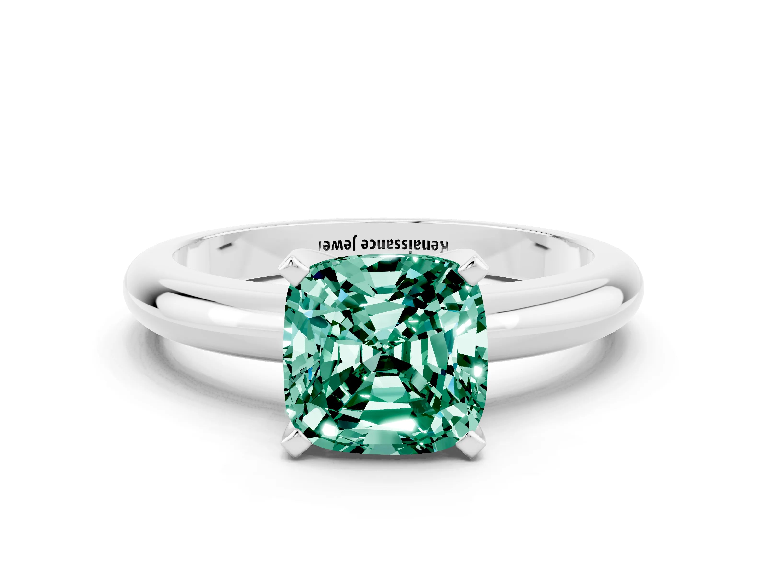 White gold Cushion Cut Green Sapphire Solitaire Engagement Ring with Round Band and Four-Prong Setting