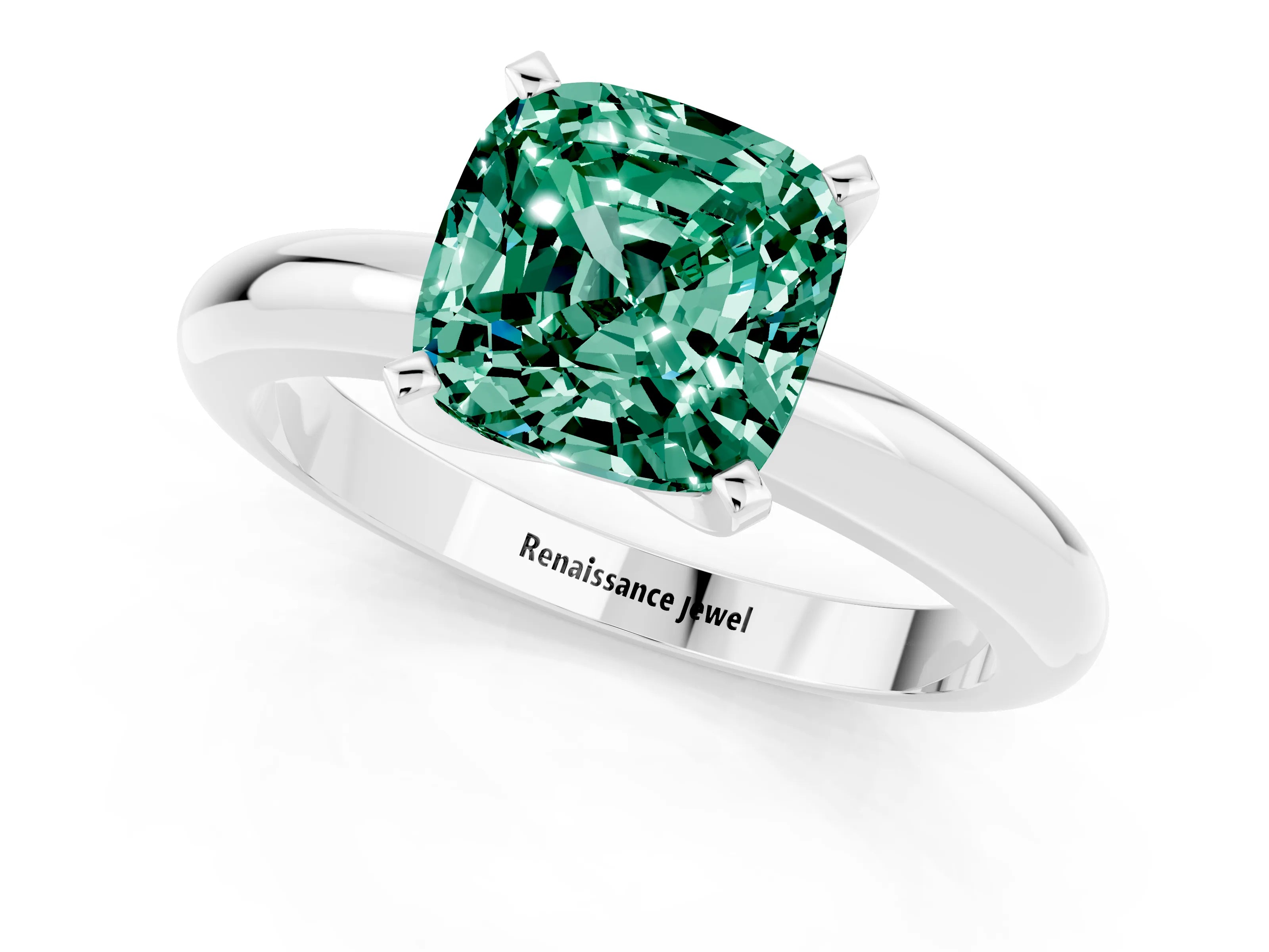 White gold Cushion Cut Green Sapphire Solitaire Engagement Ring with Round Band and Four-Prong Setting_1