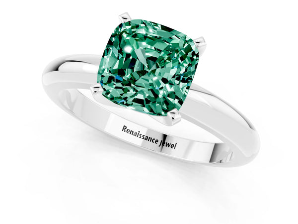 White gold Cushion Cut Green Sapphire Solitaire Engagement Ring with Round Band and Four-Prong Setting