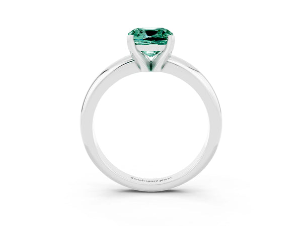 Silver Cushion Cut Green Sapphire Solitaire Engagement Ring with Round Band and Four-Prong Setting