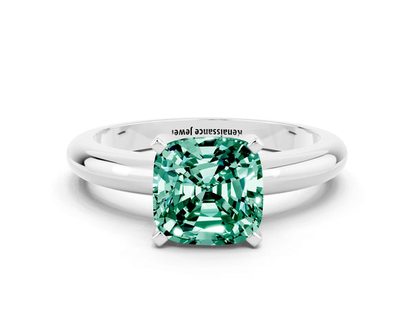 Silver Cushion Cut Green Sapphire Solitaire Engagement Ring with Round Band and Four-Prong Setting