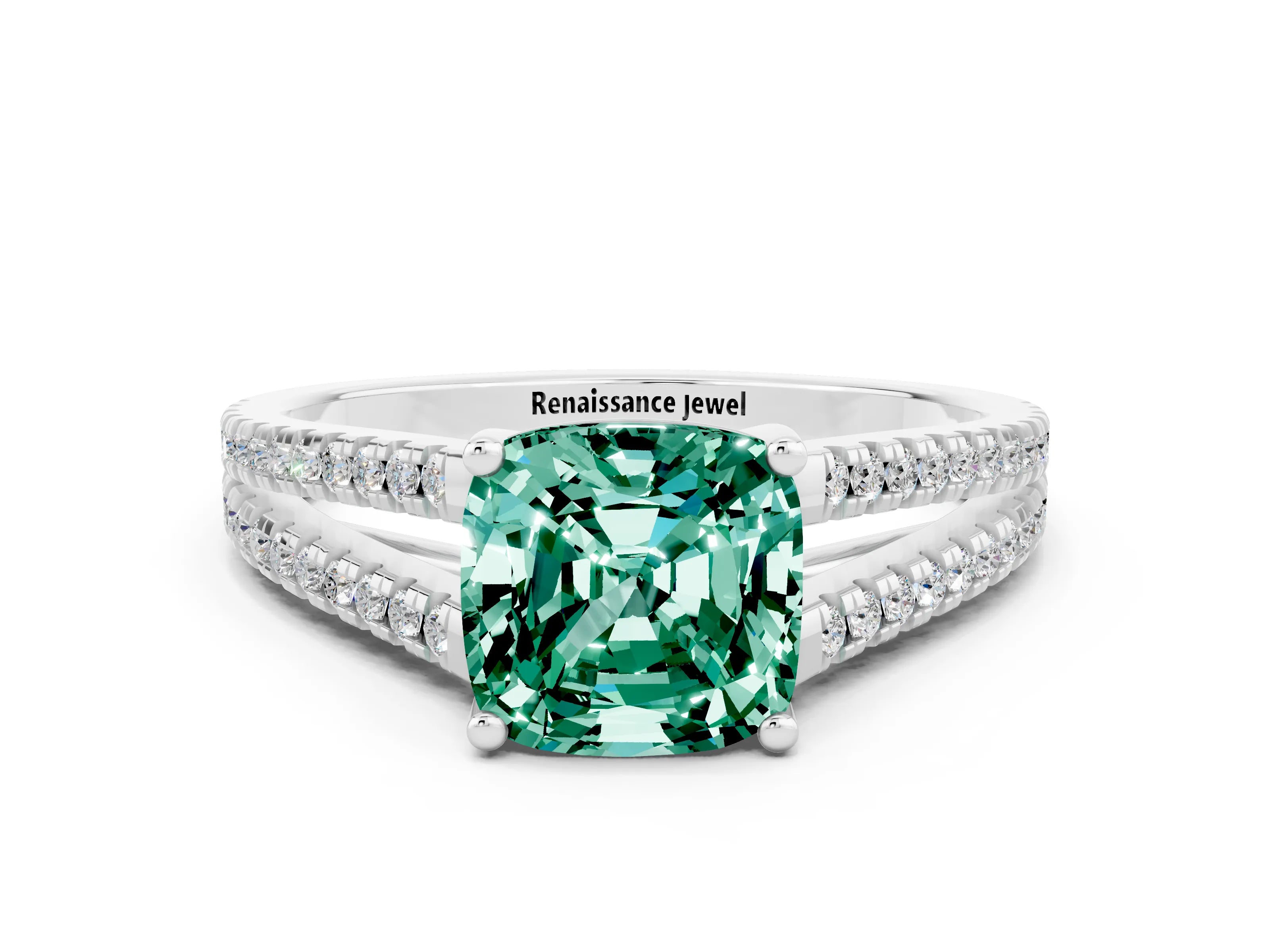 White gold Cushion Cut Green Sapphire Solitaire Engagement Ring with Split Shank Pavé Band