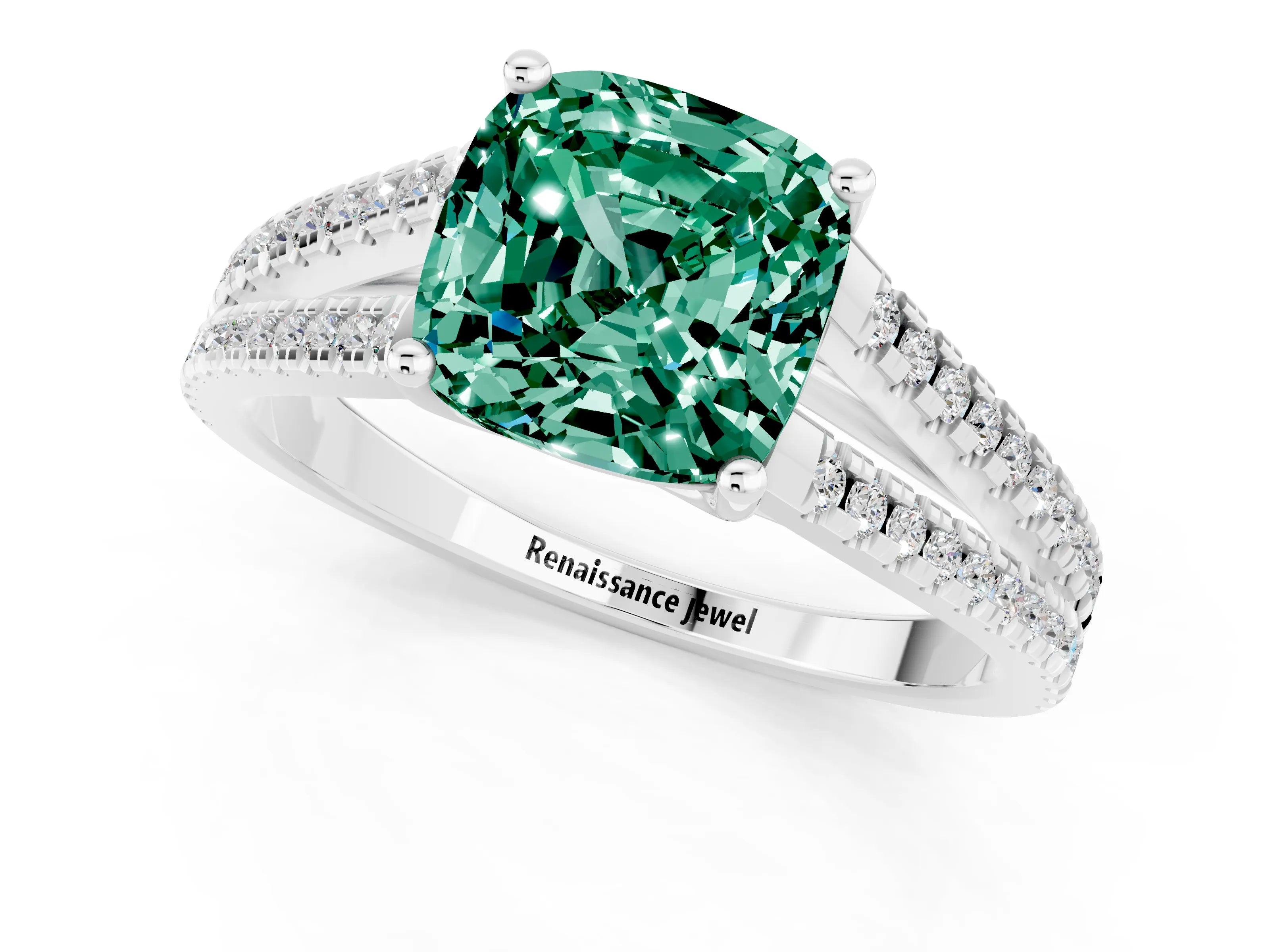White gold Cushion Cut Green Sapphire Solitaire Engagement Ring with Split Shank Pavé Band_1