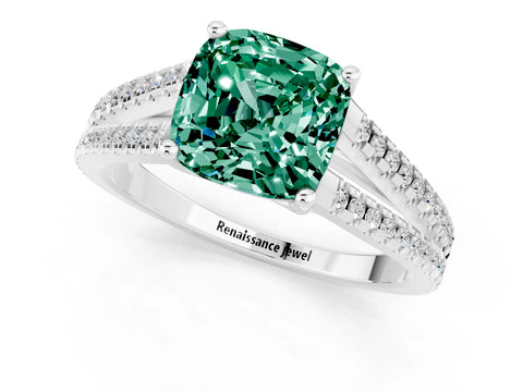 White gold Cushion Cut Green Sapphire Solitaire Engagement Ring with Split Shank Pavé Band_1