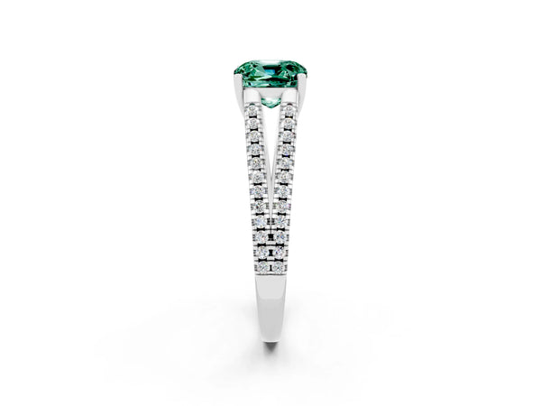 Platinum Cushion Cut Green Sapphire Solitaire Engagement Ring with Split Shank Pavé Band
