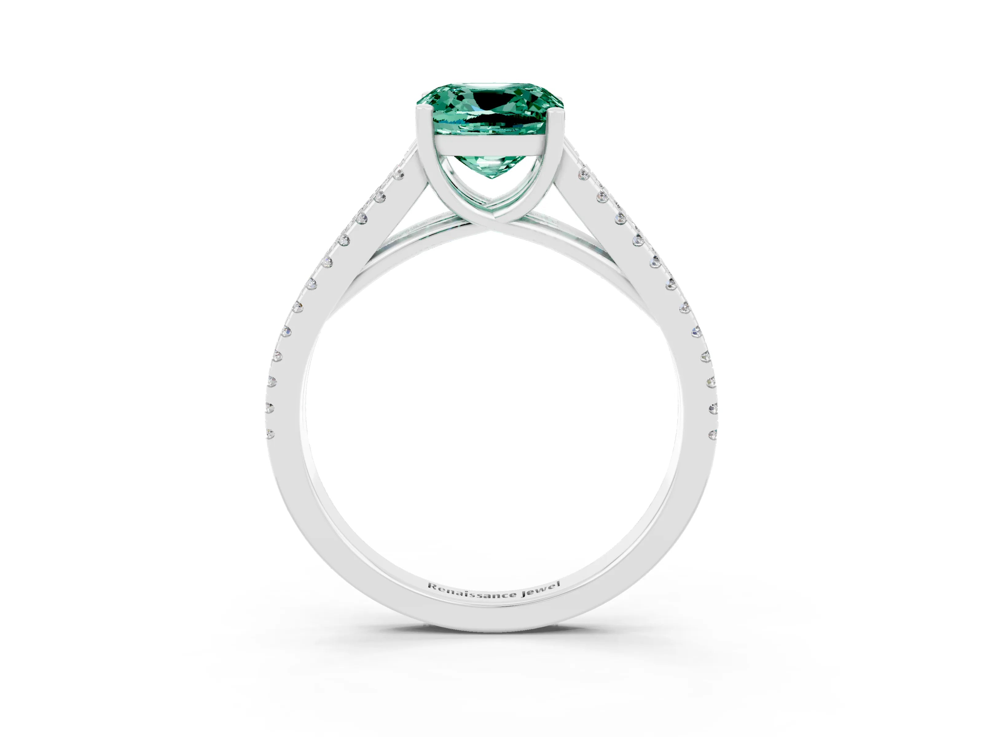 White gold Cushion Cut Green Sapphire Solitaire Engagement Ring with Split Shank Pavé Band_3