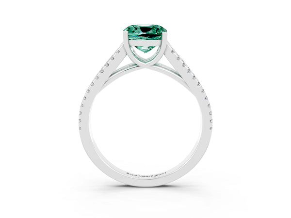 White gold Cushion Cut Green Sapphire Solitaire Engagement Ring with Split Shank Pavé Band