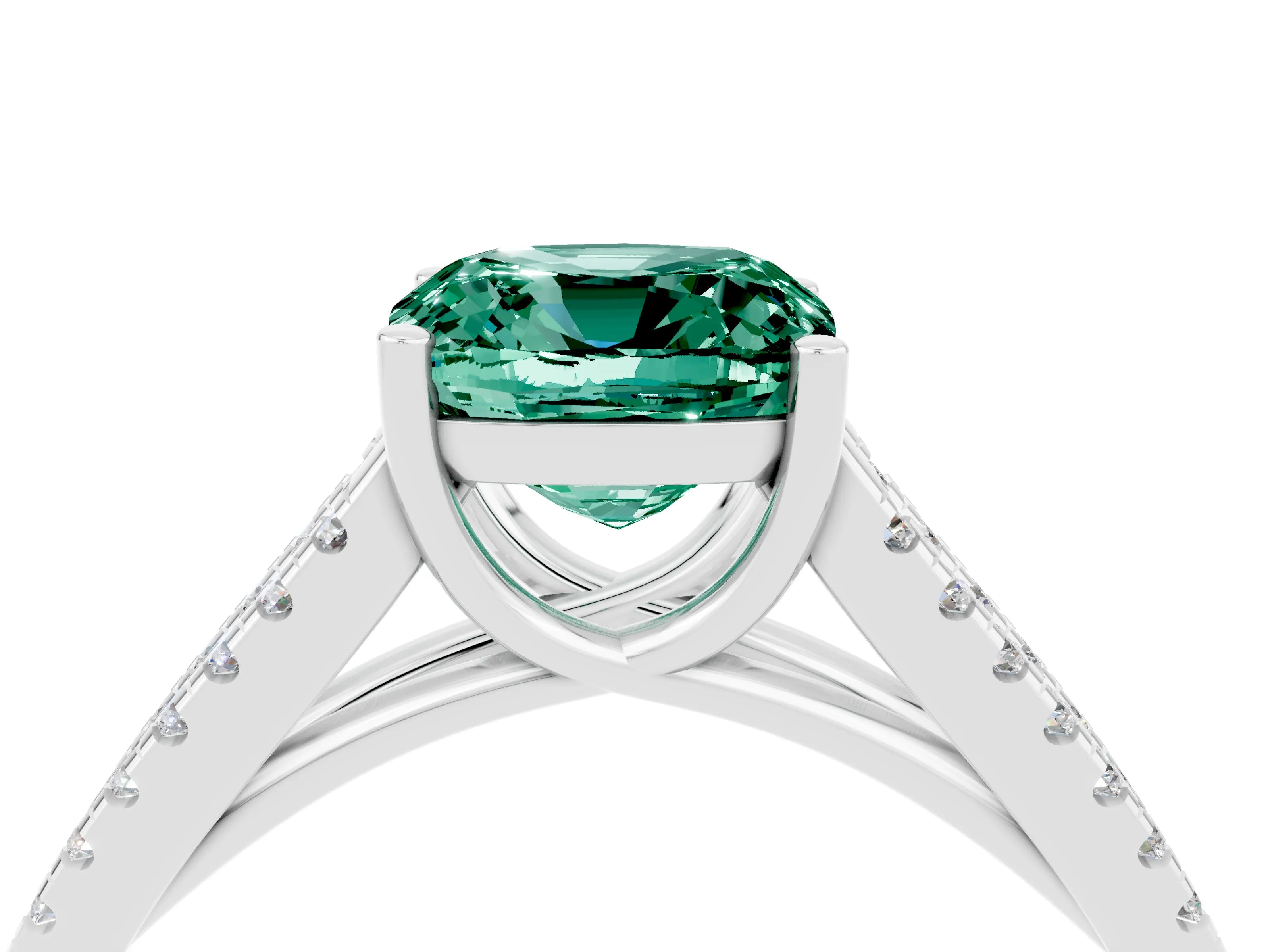 White gold Cushion Cut Green Sapphire Solitaire Engagement Ring with Split Shank Pavé Band_4