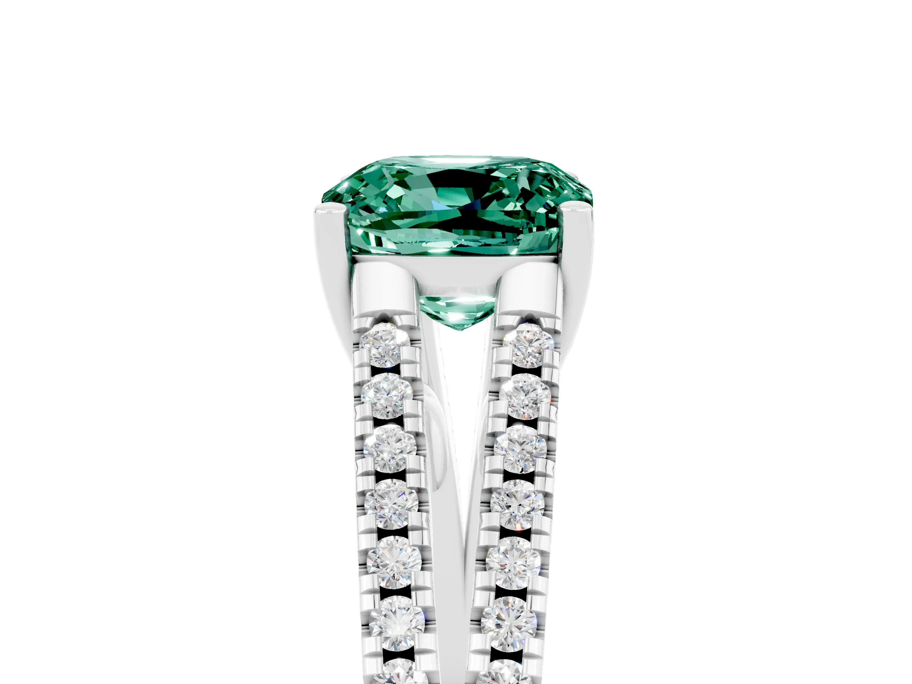 White gold Cushion Cut Green Sapphire Solitaire Engagement Ring with Split Shank Pavé Band_5