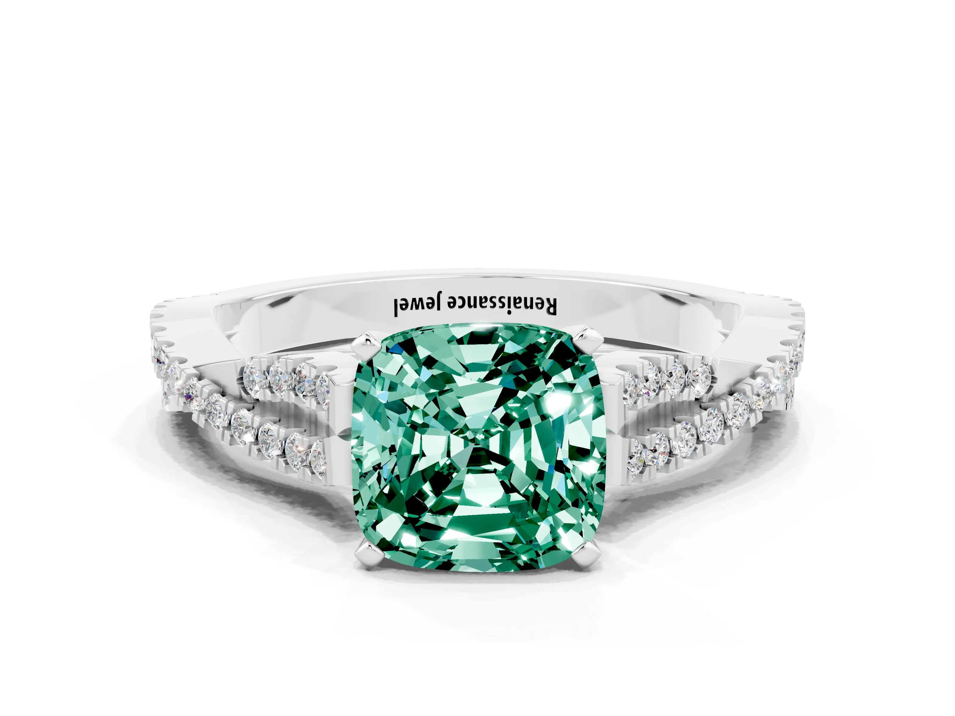 White gold Cushion Cut Green Sapphire Solitaire Engagement Ring with Twisted Pavé Band and Four-Prong Setting_12