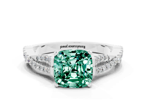 White gold Cushion Cut Green Sapphire Solitaire Engagement Ring with Twisted Pavé Band and Four-Prong Setting_12