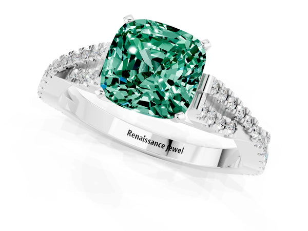 White gold Cushion Cut Green Sapphire Solitaire Engagement Ring with Twisted Pavé Band and Four-Prong Setting
