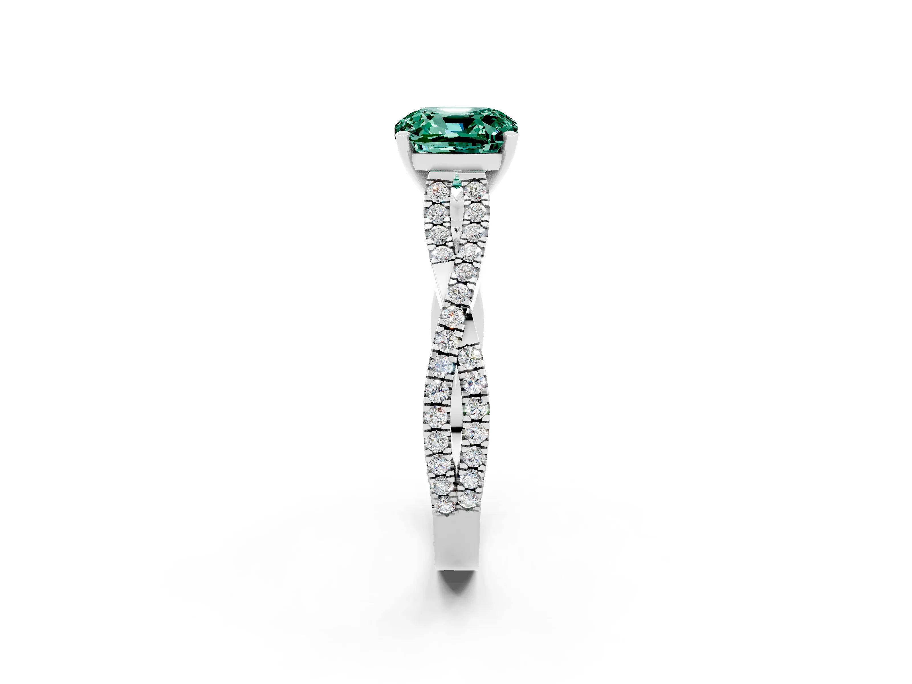 White gold Cushion Cut Green Sapphire Solitaire Engagement Ring with Twisted Pavé Band and Four-Prong Setting_14