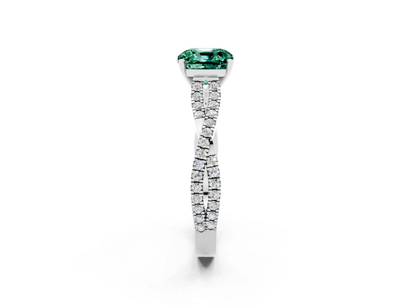 Silver Cushion Cut Green Sapphire Solitaire Engagement Ring with Twisted Pavé Band and Four-Prong Setting