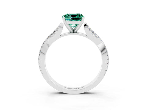 White gold Cushion Cut Green Sapphire Solitaire Engagement Ring with Twisted Pavé Band and Four-Prong Setting_15