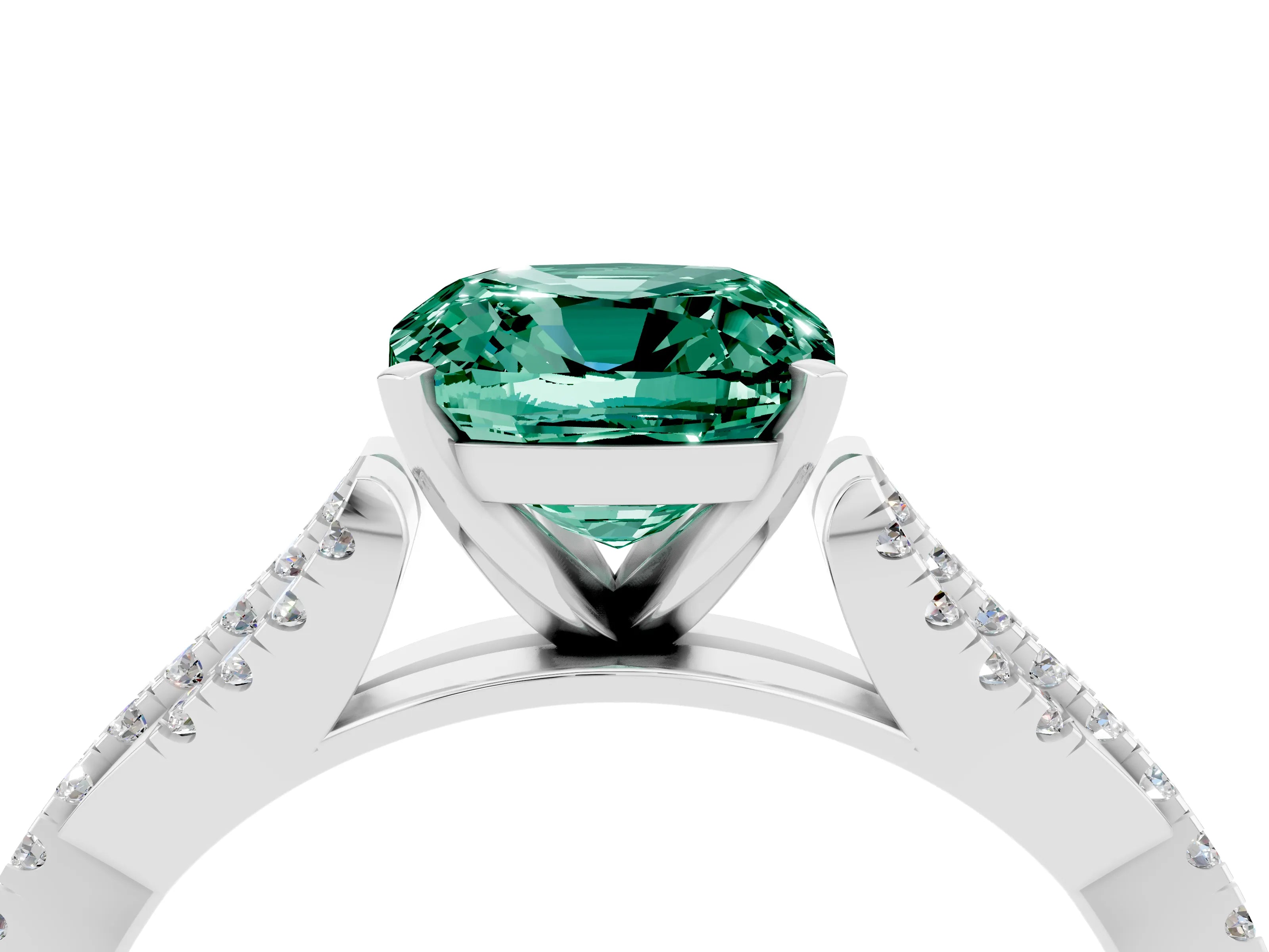 White gold Cushion Cut Green Sapphire Solitaire Engagement Ring with Twisted Pavé Band and Four-Prong Setting_16