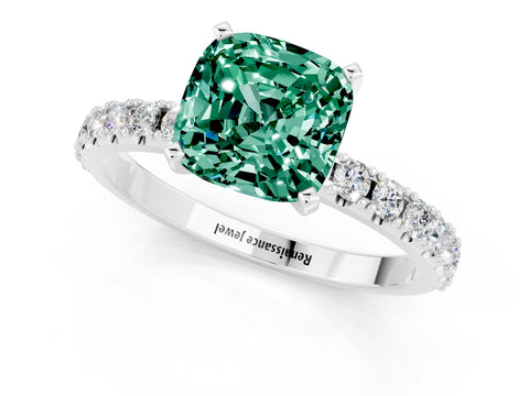 White gold Cushion Cut Green Sapphire Solitaire Pavé Band with Four-Prong Setting_1