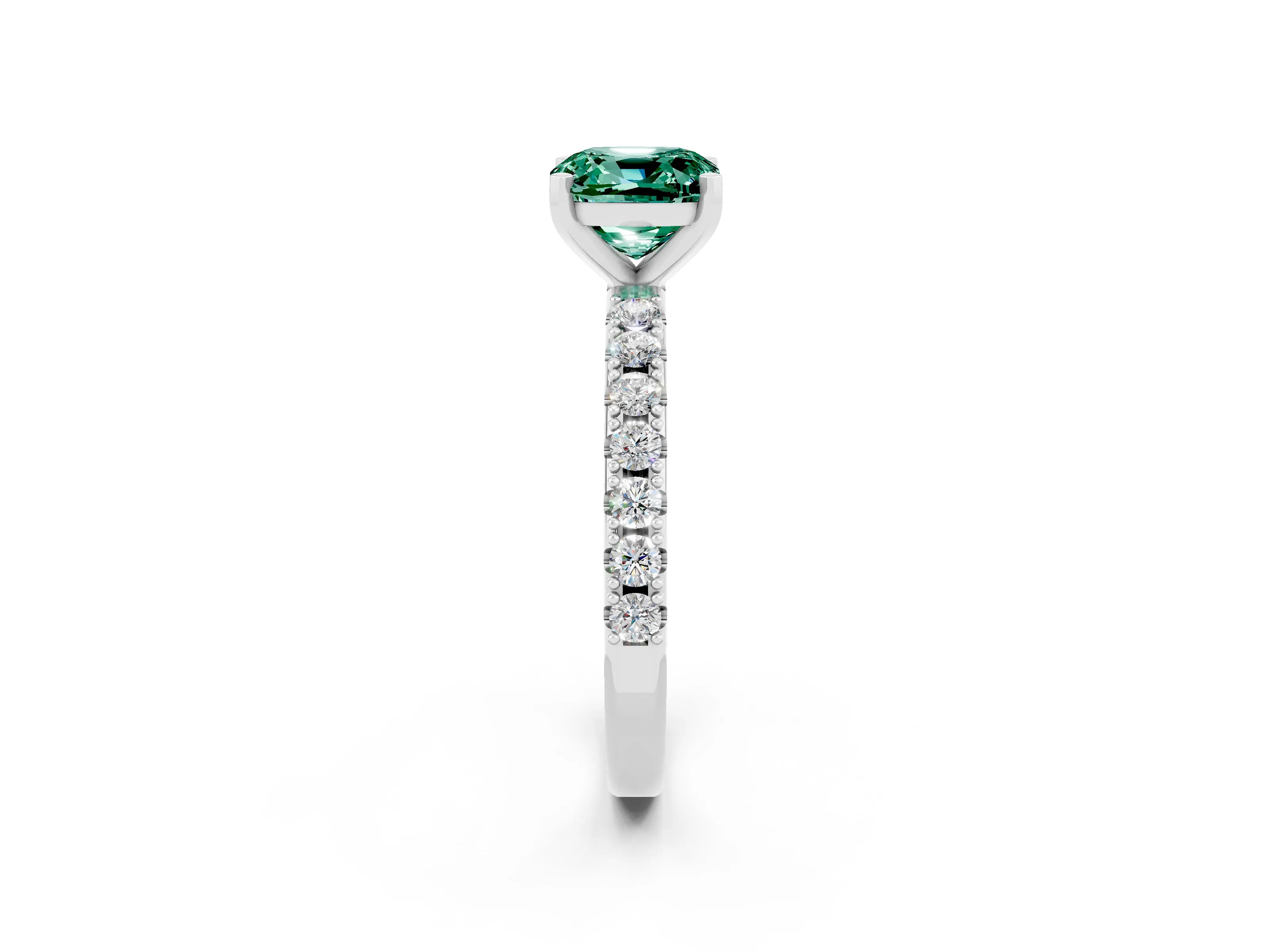 White gold Cushion Cut Green Sapphire Solitaire Pavé Band with Four-Prong Setting_2