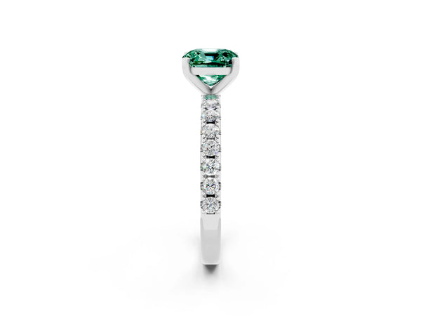 White gold Cushion Cut Green Sapphire Solitaire Pavé Band with Four-Prong Setting