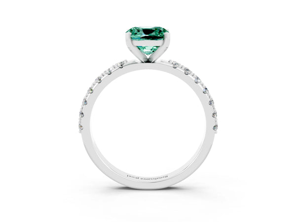 Platinum Cushion Cut Green Sapphire Solitaire Pavé Band with Four-Prong Setting