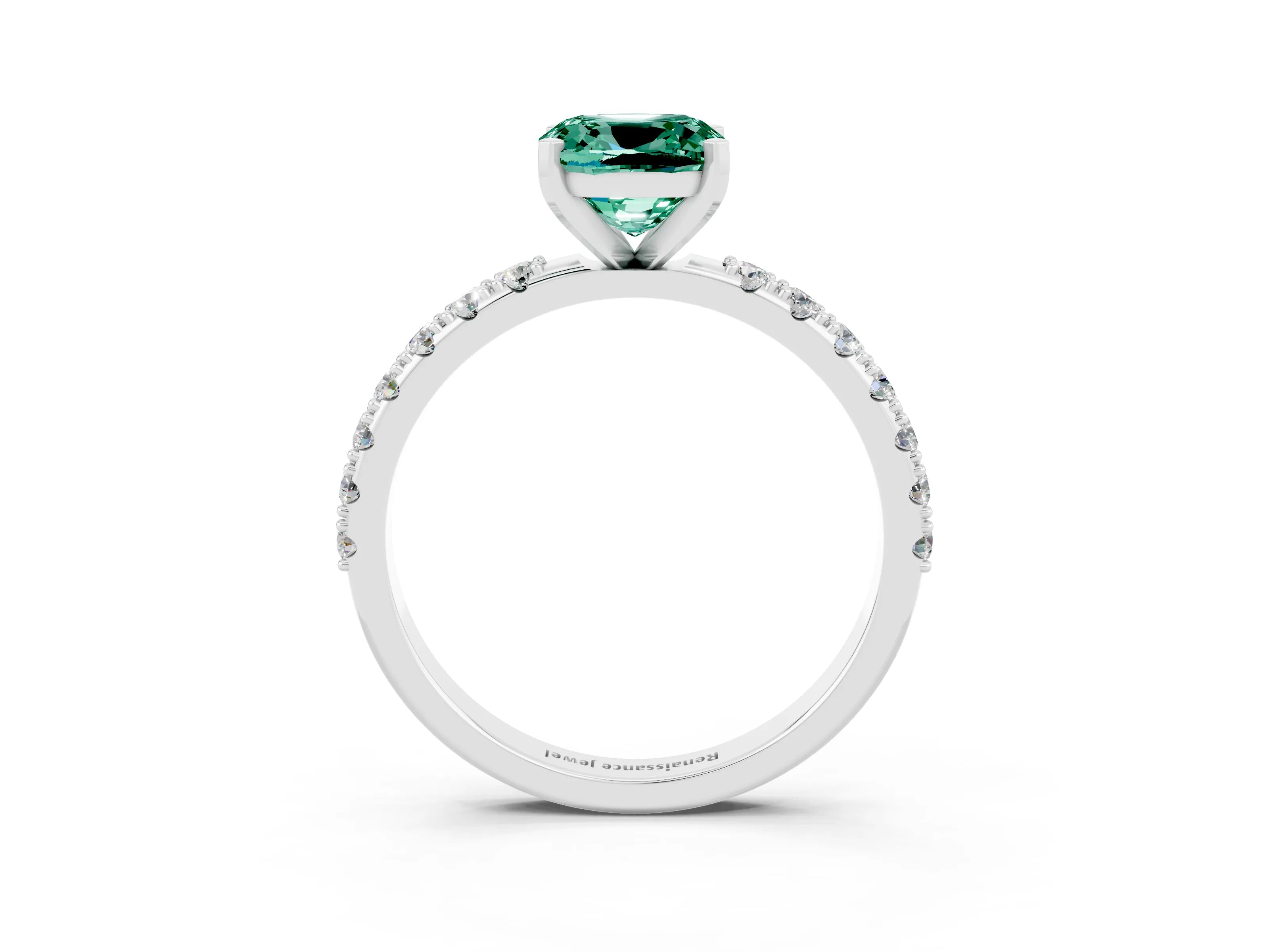 White gold Cushion Cut Green Sapphire Solitaire Pavé Band with Four-Prong Setting_3