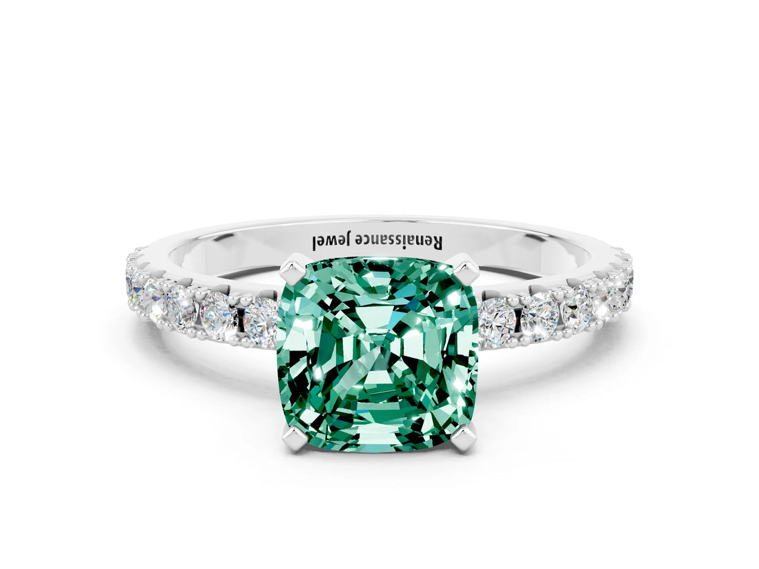 White gold Cushion Cut Green Sapphire Solitaire Pavé Band with Four-Prong Setting