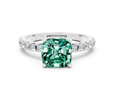 White gold Cushion Cut Green Sapphire Solitaire Pavé Band with Four-Prong Setting