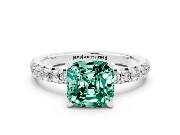 Platinum Cushion Cut Green Sapphire Solitaire Pavé Engagement Ring with Round Band and Prong Setting