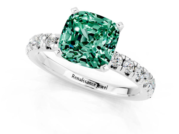 Silver Cushion Cut Green Sapphire Solitaire Pavé Engagement Ring with Round Band and Prong Setting