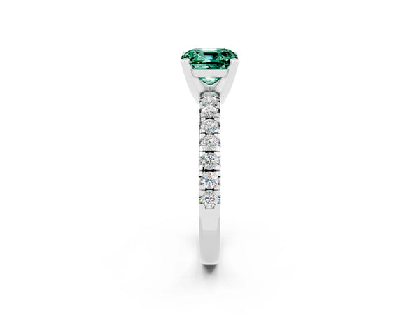 Silver Cushion Cut Green Sapphire Solitaire Pavé Engagement Ring with Round Band and Prong Setting