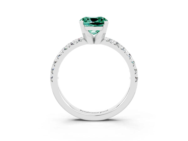 Platinum Cushion Cut Green Sapphire Solitaire Pavé Engagement Ring with Round Band and Prong Setting